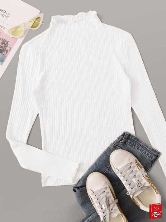 SHEIN Ribbed Mock Neck Lettuce-Edge Top