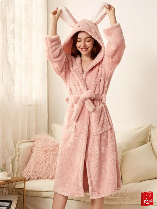 3D Ears Design Belted Hooded Teddy Bathrobe