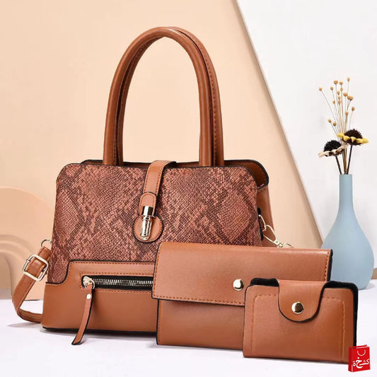Women's 3pcs PU Leather Handbags, Brown