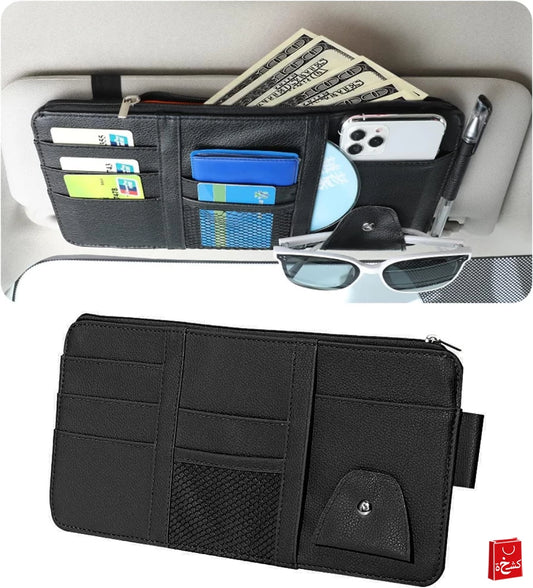 Car Sun Visor Organizer – Multi-Pocket PU Leather Storage (Black)