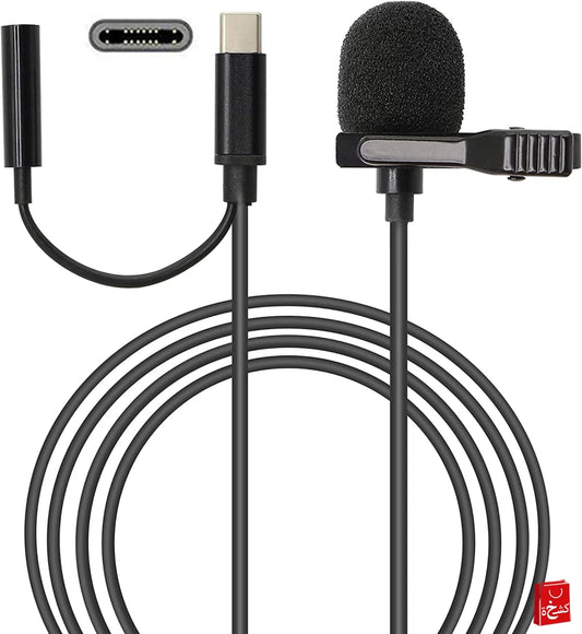 USB C Microphone With Clip & 3.5mm Port - Black, Superb Sound for Audio and Video Recording