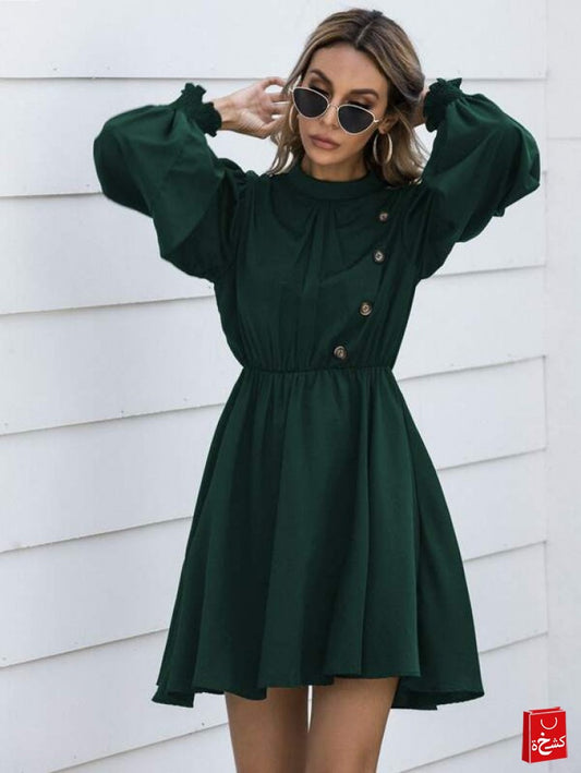 Solid Button Front Keyhole Back Dress