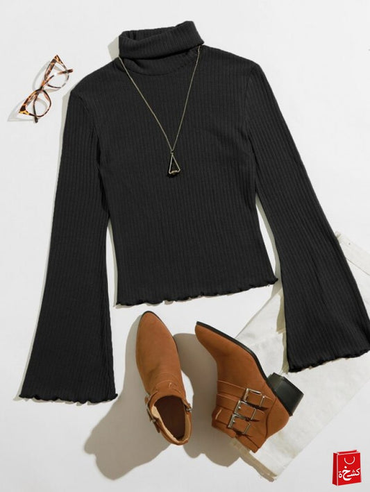 SHEIN Turtle Neck Bell Sleeve Lettuce Trim Rib-knit Top