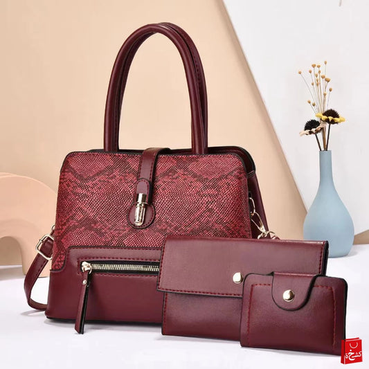 Women's 3pcs PU Leather Handbags, red