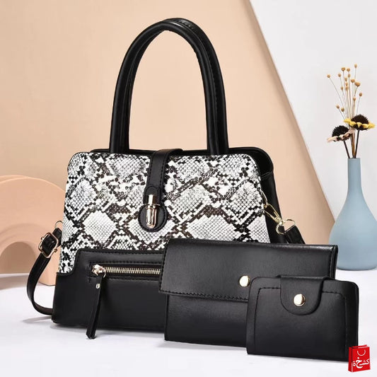 Women's 3pcs PU Leather Handbags, Black