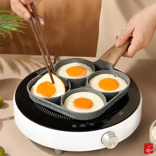 4-Hole Omelet Pan  Non-Stick with Wooden Handle (Black)