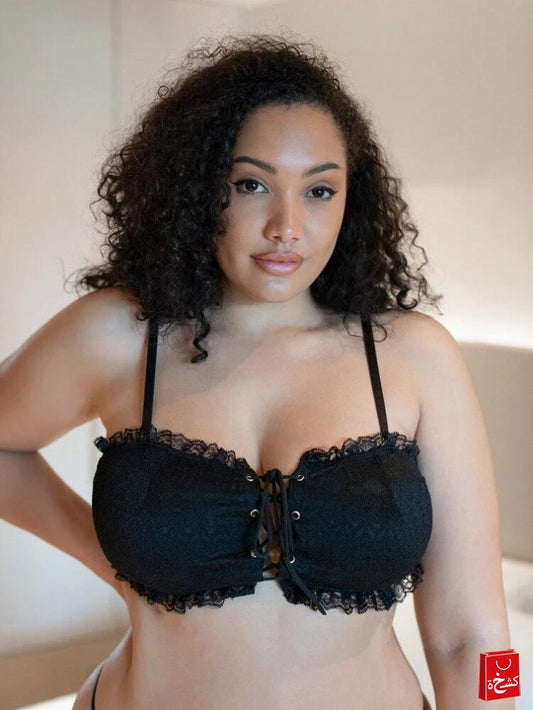 Women's Plus Size Lace Trim Bralette Lace Up Front Strappy Lingerie Bra