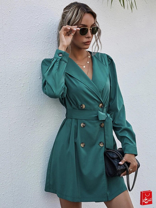 Teal Belted Double Breasted Button Trench Coat