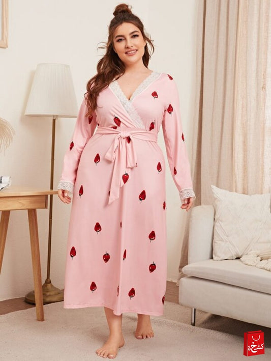 SHEIN Plus Strawberry Print Contrast Lace Belted Nightdress