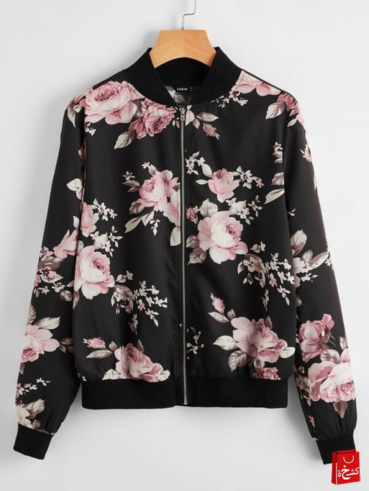 SHEIN Zipper Front Floral Print Bomber Jacket