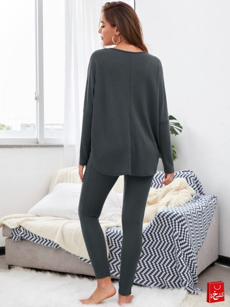 Solid Drop Shoulder V Neck Lounge Set