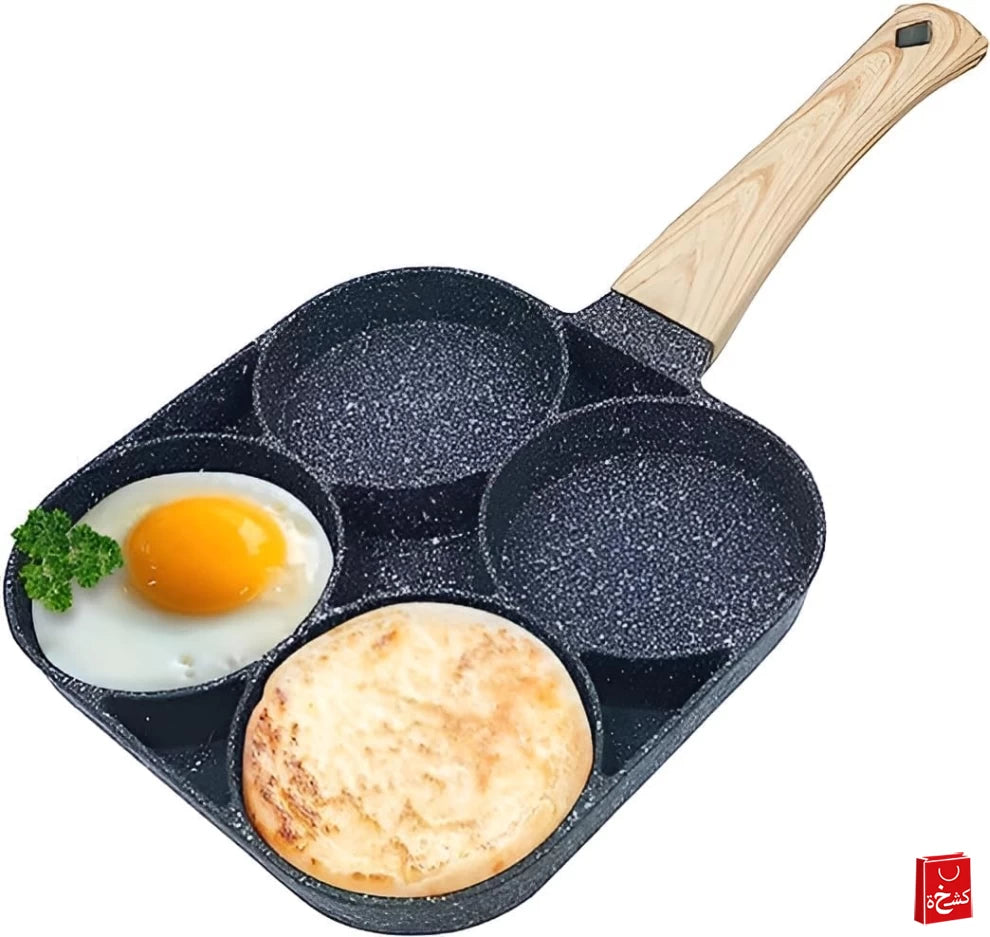 4-Hole Omelet Pan  Non-Stick with Wooden Handle (Black)